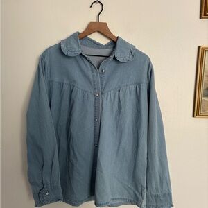 Women’s Chambray Peter Pan Collar Blue Denim Long Sleeve Boho Chic Top XL NWT